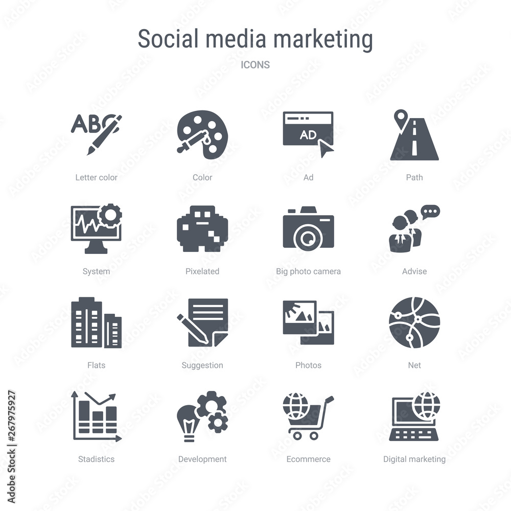 set of 16 vector icons such as digital marketing, ecommerce, development, stadistics, net, photos, suggestion, flats from social media marketing concept. can be used for web, logo, ui\u002fux