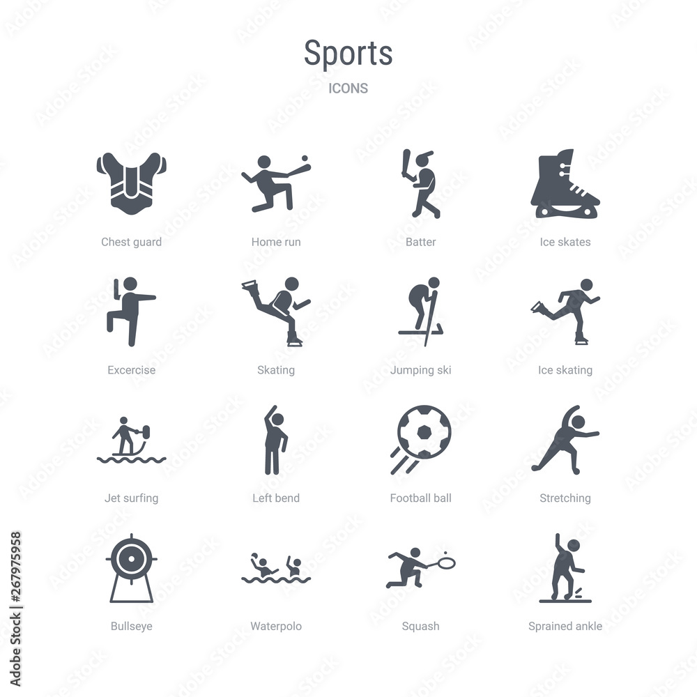 set of 16 vector icons such as sprained ankle, squash, waterpolo, bullseye, stretching, football ball, left bend, jet surfing from sports concept. can be used for web, logo, ui\u002fux