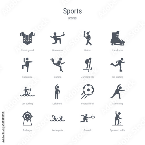 set of 16 vector icons such as sprained ankle, squash, waterpolo, bullseye, stretching, football ball, left bend, jet surfing from sports concept. can be used for web, logo, ui\u002fux