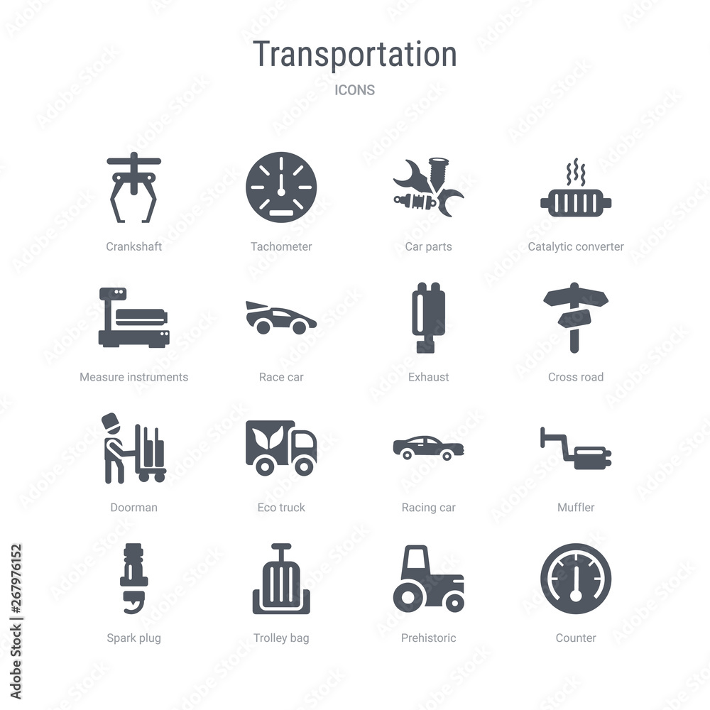 set of 16 vector icons such as counter, prehistoric, trolley bag, spark plug, muffler, racing car, eco truck, doorman from transportation concept. can be used for web, logo, ui\u002fux set of 16 vector icons such as counter, prehistoric, trolley bag, spark plug, muffler, racing car, eco truck, doorman from transportation concept. can be used for web, logo, ui\u002fux