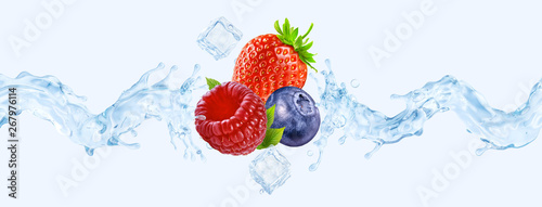 Fresh cold pure strawberry, blueberry, raspberry flavored water wave splash. Clean infused water wave splash with berries. Healthy flavored drink splash ad concept with ice cubes. 3D