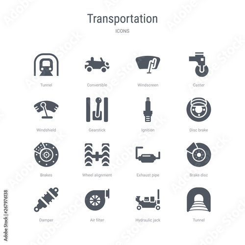 set of 16 vector icons such as tunnel, hydraulic jack, air filter, damper, brake disc, exhaust pipe, wheel alignment, brakes from transportation concept. can be used for web, logo, ui\u002fux