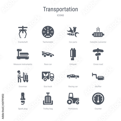 set of 16 vector icons such as counter, prehistoric, trolley bag, spark plug, muffler, racing car, eco truck, doorman from transportation concept. can be used for web, logo, ui\u002fux