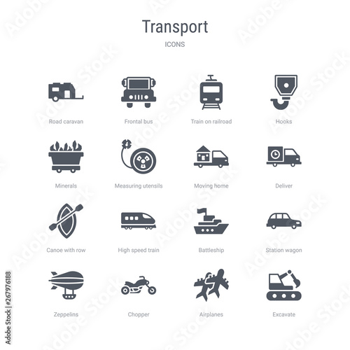 set of 16 vector icons such as excavate, airplanes, chopper, zeppelins, station wagon, battleship, high speed train, canoe with row from transport concept. can be used for web, logo, ui\u002fux