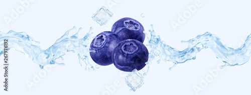  Fresh cold pure blueberry flavored water wave splash. Clean infused water or liquid fluid wave splash with blueberries. Healthy flavored detox drink splash concept with ice cubes. 3D