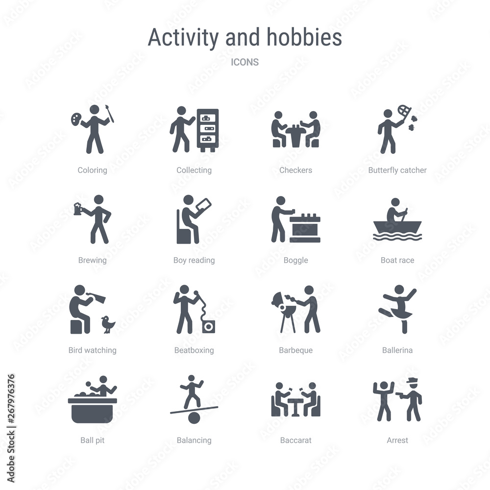 set of 16 vector icons such as arrest, baccarat, balancing, ball pit, ballerina, barbeque, beatboxing, bird watching from activity and hobbies concept. can be used for web, logo, ui\u002fux set of 16 vector icons such as arrest, baccarat, balancing, ball pit, ballerina, barbeque, beatboxing, bird watching from activity and hobbies concept. can be used for web, logo, ui\u002fux