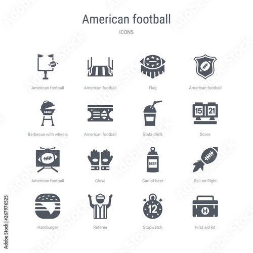 set of 16 vector icons such as first aid kit, stopwatch, referee, hamburger, ball on flight, can of beer, glove, american football television from american football concept. can be used for web,