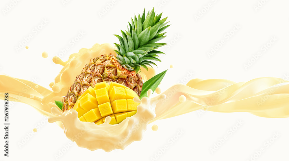 Delicious fresh fruit yogurt or cream splash wave with ripe pineapple, mango slices. Label, banner advertising element with greek yogurt, cream, smoothie or milk, pineapple, mango. 3D Delicious fresh fruit yogurt or cream splash wave with ripe pineapple, mango slices. Label, banner advertising element with greek yogurt, cream, smoothie or milk, pineapple, mango. 3D
