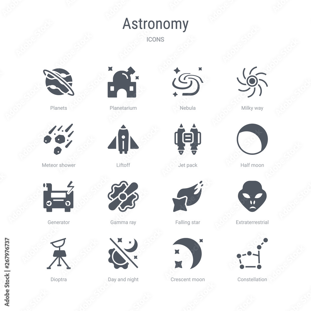 Φωτογραφία set of 16 vector icons such as constellation, crescent moon, day and night, dioptra, extraterrestrial, falling star, gamma ray, generator from astronomy concept