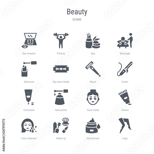 set of 16 vector icons such as legs, moisturizer, make up, face cleanser, cream, face mask, nail polish, concealer from beauty concept. can be used for web, logo, ui\u002fux
