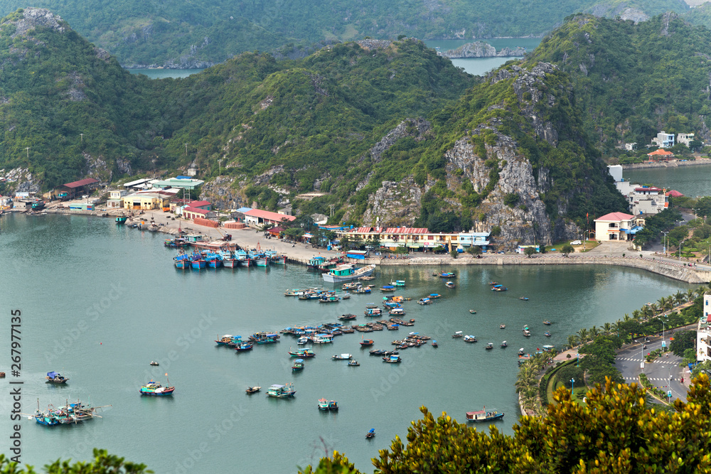 Fototapeta premium Panoramiczny widok Zatoka Halong Wyspy Cat Ba góry Morze Południowochińskie Wietnam. Witryna Azja