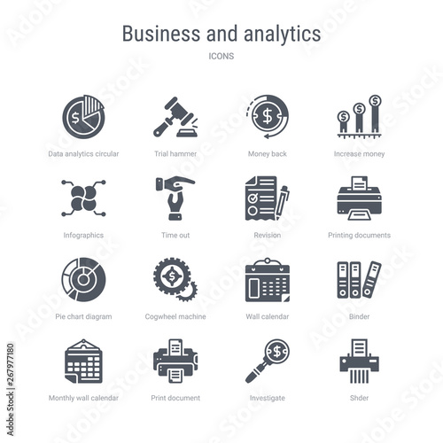 set of 16 vector icons such as shder, investigate, print document, monthly wall calendar, binder, wall calendar, cogwheel machine part, pie chart diagram from business and analytics concept. can be photo