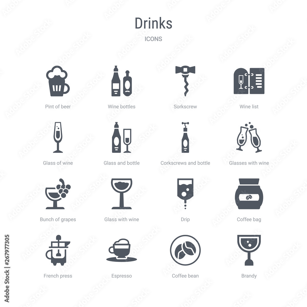 set of 16 vector icons such as brandy, coffee bean, espresso, french press, coffee bag, drip, glass with wine, bunch of grapes from drinks concept. can be used for web, logo, ui\u002fux set of 16 vector icons such as brandy, coffee bean, espresso, french press, coffee bag, drip, glass with wine, bunch of grapes from drinks concept. can be used for web, logo, ui\u002fux