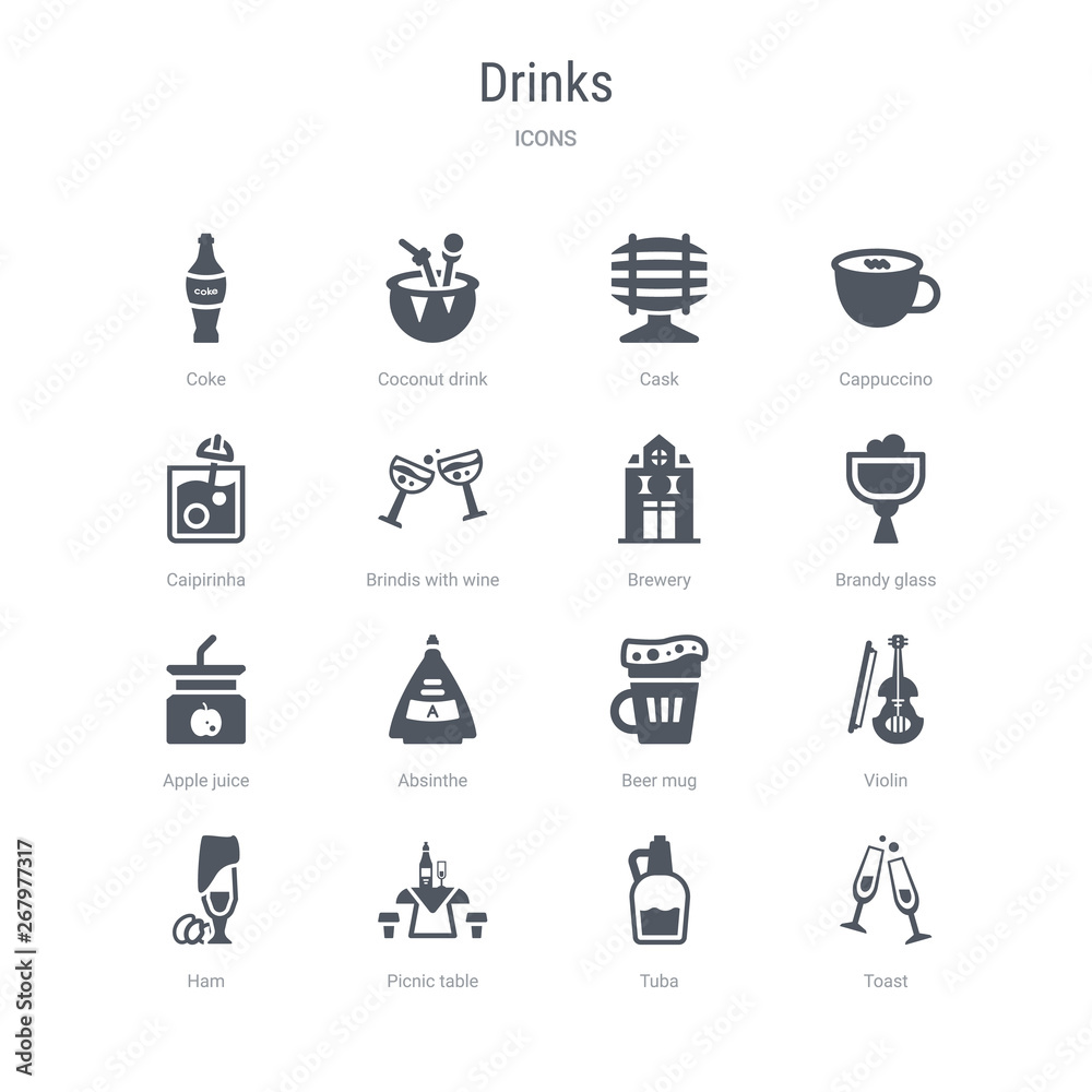 set of 16 vector icons such as toast, tuba, picnic table, ham, violin, beer mug, absinthe, apple juice from drinks concept. can be used for web, logo, ui\u002fux set of 16 vector icons such as toast, tuba, picnic table, ham, violin, beer mug, absinthe, apple juice from drinks concept. can be used for web, logo, ui\u002fux