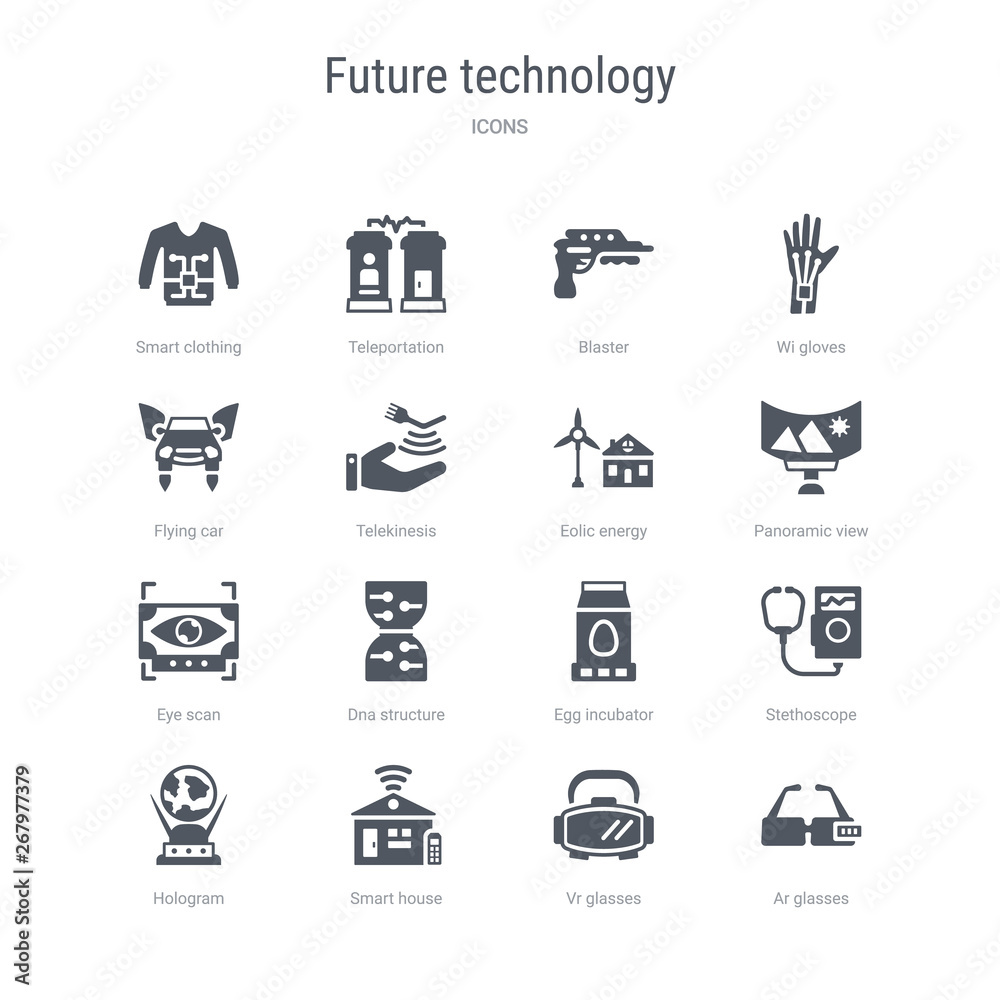 set of 16 vector icons such as ar glasses, vr glasses, smart house, hologram, stethoscope, egg incubator, dna structure, eye scan from future technology concept. can be used for web, logo,