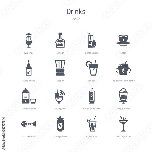 set of 16 vector icons such as cosmopolitan, cuba libre, energy drink, fish skeleton, frappuccino, fresh soda with lemon slice and straw, fruit juice, herbal liquor from drinks concept. can be used