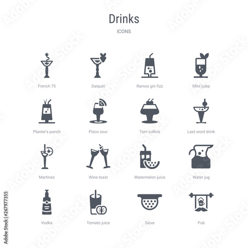 set of 16 vector icons such as pub, sieve, tomato juice, vodka, water jug, watermelon juice, wine toast, martinez from drinks concept. can be used for web, logo, ui\u002fux