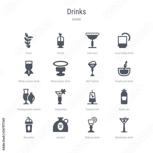 set of 16 vector icons such as manhattan drink, sidecar drink, alcohol, smoothie, soda can, tropical itch, caipiroska, pomegranate martini from drinks concept. can be used for web, logo, ui\u002fux