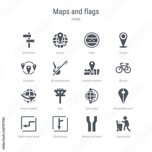 set of 16 vector icons such as use dust bin, narrow two lanes, road joining, right reverse curve, placeholder point, earth gobe, pole, arrow on globe from maps and flags concept. can be used for