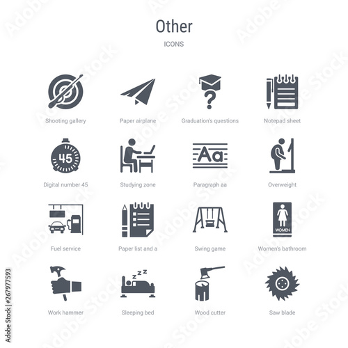 set of 16 vector icons such as saw blade, wood cutter, sleeping bed, work hammer, women's bathroom, swing game, paper list and a pencil, fuel service from other concept. can be used for web, logo,