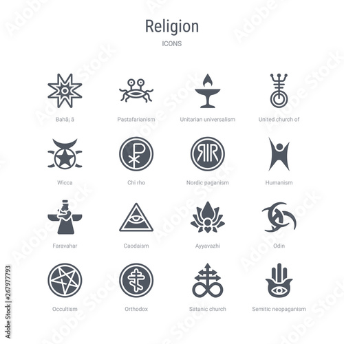 set of 16 vector icons such as semitic neopaganism, satanic church, orthodox, occultism, odin, ayyavazhi, caodaism, faravahar from religion concept. can be used for web, logo, ui\u002fux