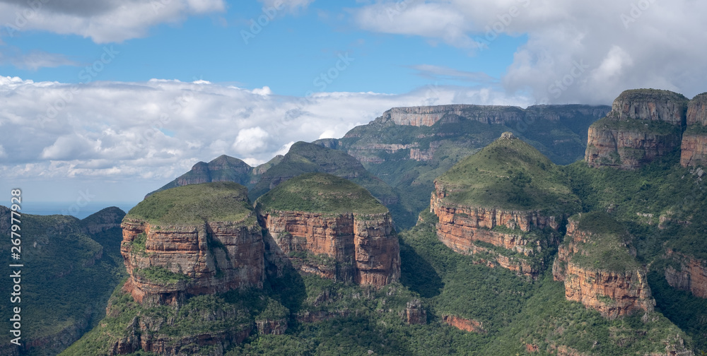 Three Rondavels, rock formation, at the Blyde River Canyon (also known as the Motlatse Canyon), in The Panorama Route, Mpumalanga, South Africa. 