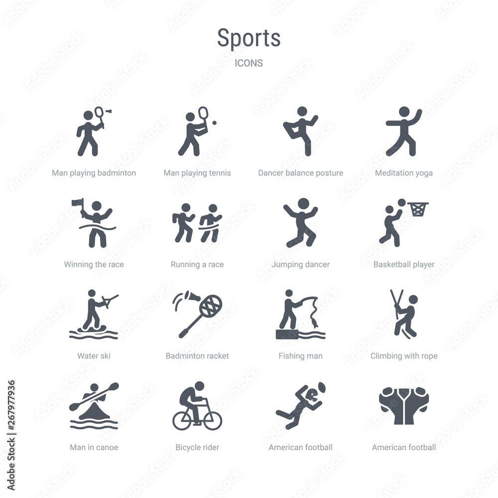 set of 16 vector icons such as american football player black t shirt cloth, american football player catching the ball, bicycle rider, man in canoe, climbing with rope, fishing man, badminton
