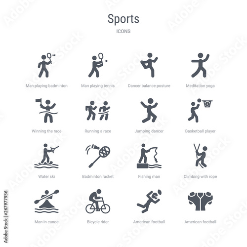 set of 16 vector icons such as american football player black t shirt cloth, american football player catching the ball, bicycle rider, man in canoe, climbing with rope, fishing man, badminton