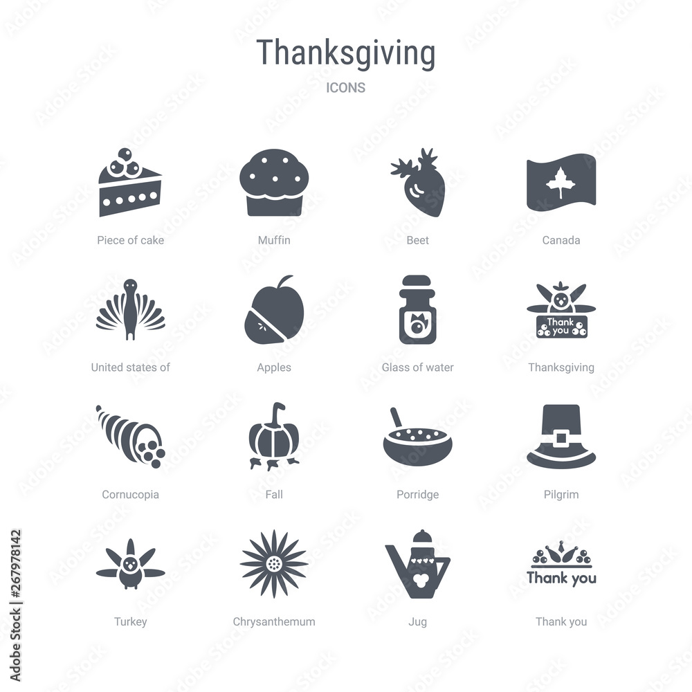 set of 16 vector icons such as thank you, jug, chrysanthemum, turkey, pilgrim, porridge, fall, cornucopia from thanksgiving concept. can be used for web, logo, ui\u002fux