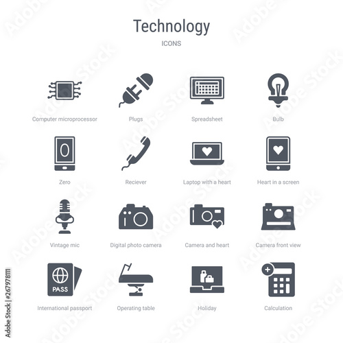set of 16 vector icons such as calculation, holiday, operating table, international passport, camera front view, camera and heart picture, digital photo camera, vintage mic from technology concept.