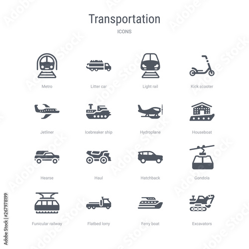 set of 16 vector icons such as excavators, ferry boat, flatbed lorry, funicular railway, gondola, hatchback, haul, hearse from transportation concept. can be used for web, logo, ui\u002fux