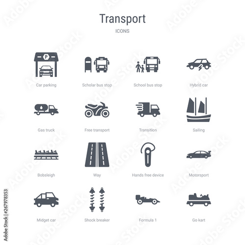set of 16 vector icons such as go kart, formula 1, shock breaker, midget car, motorsport, hands free device, way, bobsleigh from transport concept. can be used for web, logo, ui\u002fux