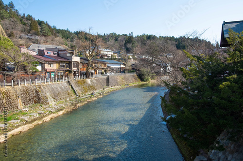 Japan-March 17, 2018, Scenery of Miyagawa river which pass through Takayama city, Takayama is famous for its well-preserved Edo style street and houses, Hida Takayama, Gifu, Japan.