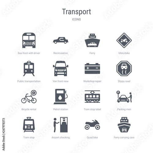 set of 16 vector icons such as ferry carrying cars, quad bike, airport checking, tram stop, parking men, tram stop label, petrol station, bicycle rental from transport concept. can be used for web,