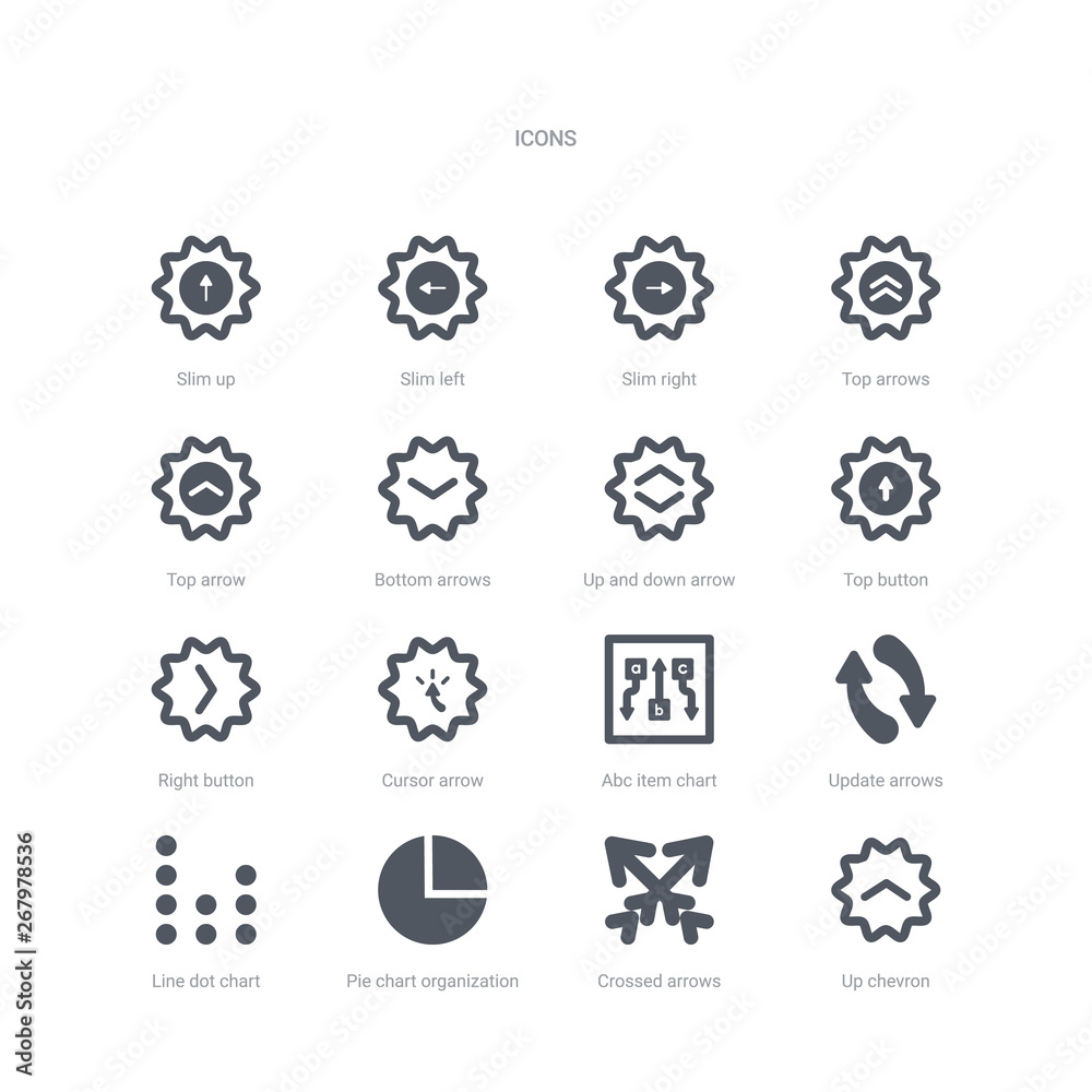 set of 16 vector icons such as up chevron, crossed arrows, pie chart organization, line dot chart, update arrows, abc item chart, cursor arrow, right button from ui concept. can be used for web, set of 16 vector icons such as up chevron, crossed arrows, pie chart organization, line dot chart, update arrows, abc item chart, cursor arrow, right button from ui concept. can be used for web,