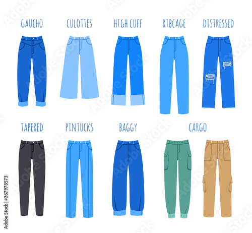 Trendy women jeans style collection. Vector flat illustration of modern denim pants for fashionable girl. Blue trousers isolated on white. Infographic elements