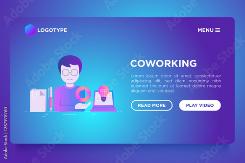Man in coworking office web page template with gradient flat icons: smart office, fast internet, IT support, office supplies. Vector illustration. © AlexBlogoodf