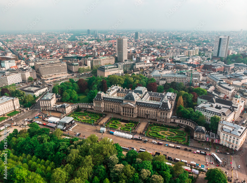 Royal Palace from the air, photo from the drone of the main attraction of Brussels.