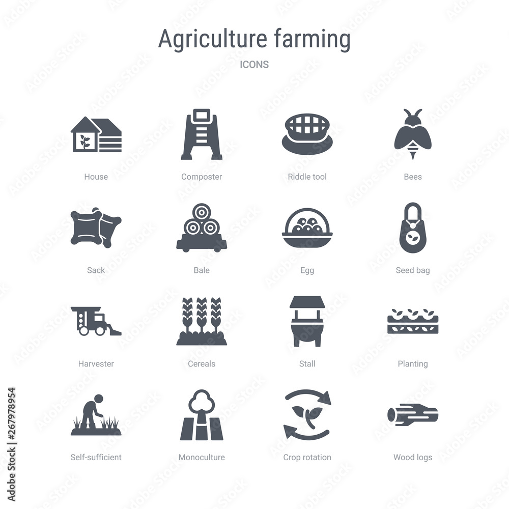 set of 16 vector icons such as wood logs, crop rotation, monoculture, self-sufficient, planting, stall, cereals, harvester from agriculture farming concept. can be used for web, logo, ui\u002fux set of 16 vector icons such as wood logs, crop rotation, monoculture, self-sufficient, planting, stall, cereals, harvester from agriculture farming concept. can be used for web, logo, ui\u002fux