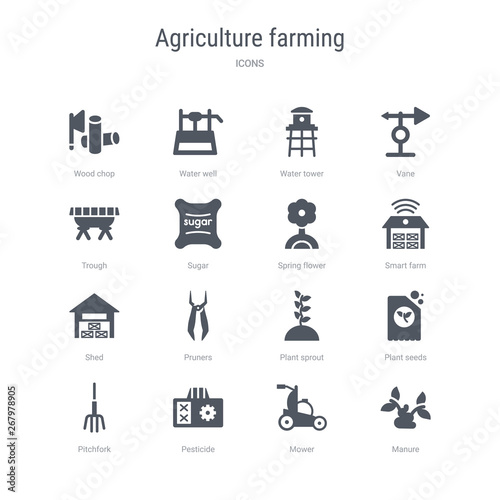 set of 16 vector icons such as manure, mower, pesticide, pitchfork, plant seeds, plant sprout, pruners, shed from agriculture farming concept. can be used for web, logo, ui\u002fux