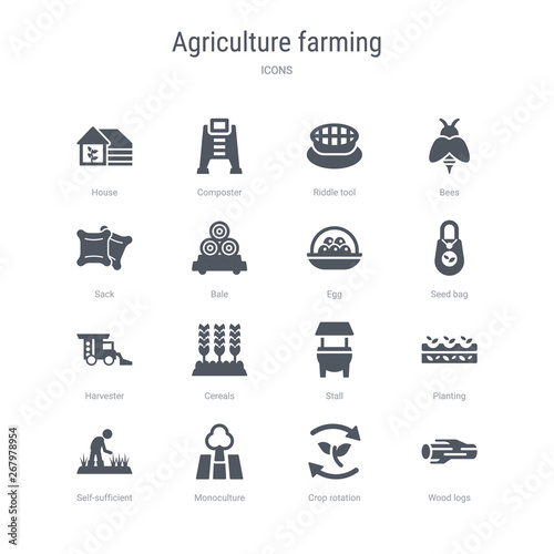 Φωτογραφία set of 16 vector icons such as wood logs, crop rotation, monoculture, self-sufficient, planting, stall, cereals, harvester from agriculture farming concept