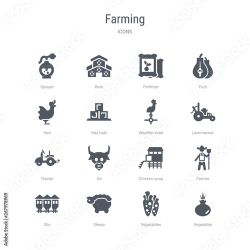set of 16 vector icons such as vegetable, vegetables, sheep, silo, farmer, chicken coop, ox, tractor from farming concept. can be used for web, logo, ui\u002fux