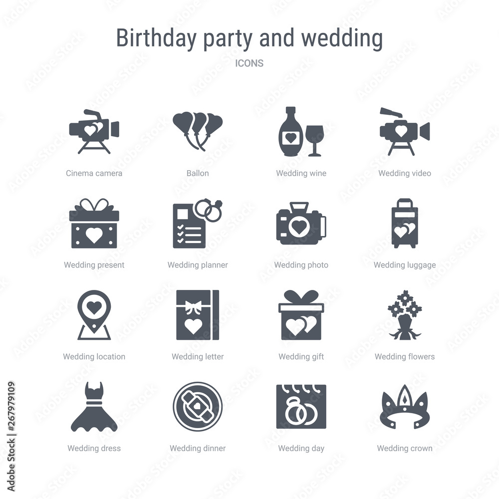 set of 16 vector icons such as wedding crown, wedding day, wedding dinner, dress, flowers, gift, letter, location from birthday party and concept. can be used for web, logo, ui\u002fux set of 16 vector icons such as wedding crown, wedding day, wedding dinner, dress, flowers, gift, letter, location from birthday party and concept. can be used for web, logo, ui\u002fux