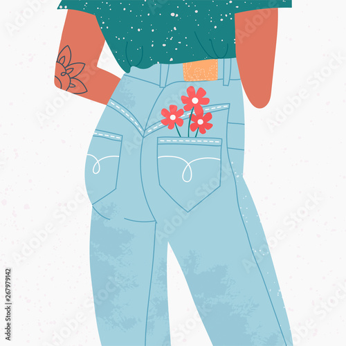 Beautiful slim lady dressed in denim pants. Blue jeans. High waist. Hand drawn vector colored trendy fashion illustration. Stamp texture. Back view