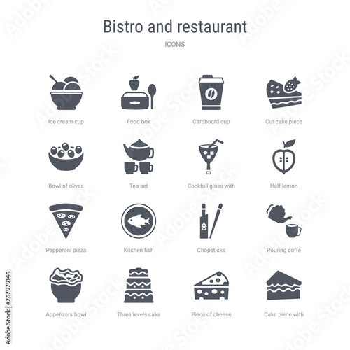 set of 16 vector icons such as cake piece with cream  piece of cheese  three levels cake  appetizers bowl  pouring coffe  chopsticks  kitchen fish  pepperoni pizza from bistro and restaurant