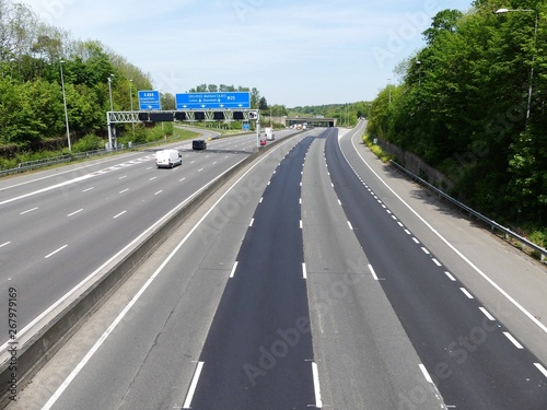 M25 London Orbital Motorway anti-clockwise carriageway closed and empty at Junction 18 due to traffic accident near Maple Cross, Hertfordshire photo