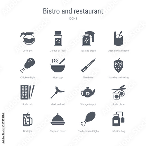 set of 16 vector icons such as infusion bag, fried chicken thighs, tray and cover, drink jar, sushi piece, vintage teapot, mexican food, sushi mix from bistro and restaurant concept. can be used for