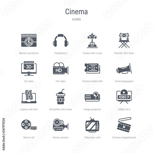 set of 16 vector icons such as cinema clapperboard, television with antenna, movie camera, movie roll, 1080p hd tv, image projector, smoothie with straw, laptop with film strip from cinema concept.