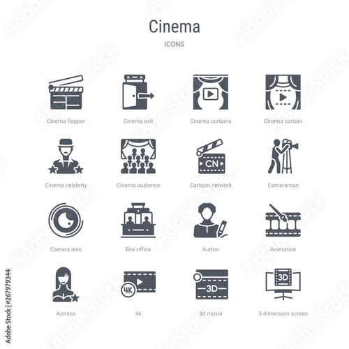 set of 16 vector icons such as 3 dimension screen, 3d movie, 4k, actress, animation, author, box office, camera lens from cinema concept. can be used for web, logo, ui\u002fux