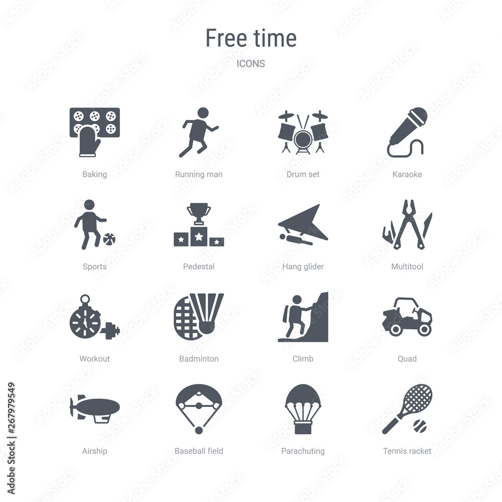 set of 16 vector icons such as tennis racket, parachuting, baseball field, airship, quad, climb, badminton, workout from free time concept. can be used for web, logo, ui\u002fux